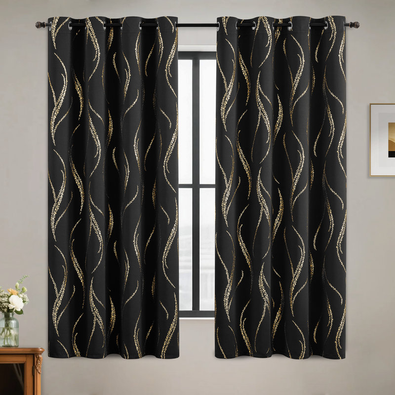 100% Blackout Thermal Insulated Curtains - Wave Line with Dots Gold Print, Grommet Top, 2 Panels, 52" W x 63" H, Black