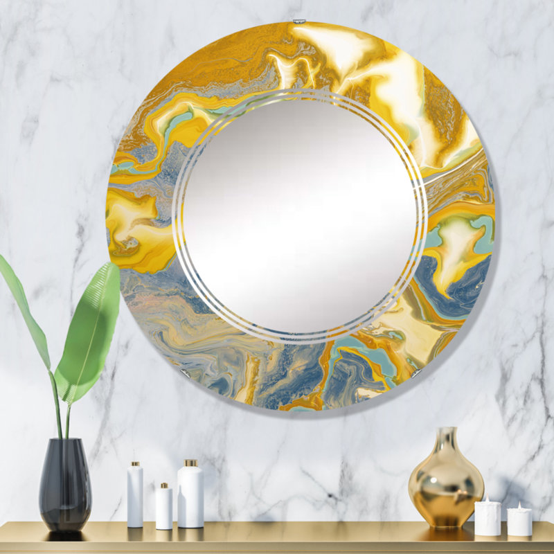 Jaune et bleu Marble Waves I - Miroir mural moderne, 32 po x 32 po