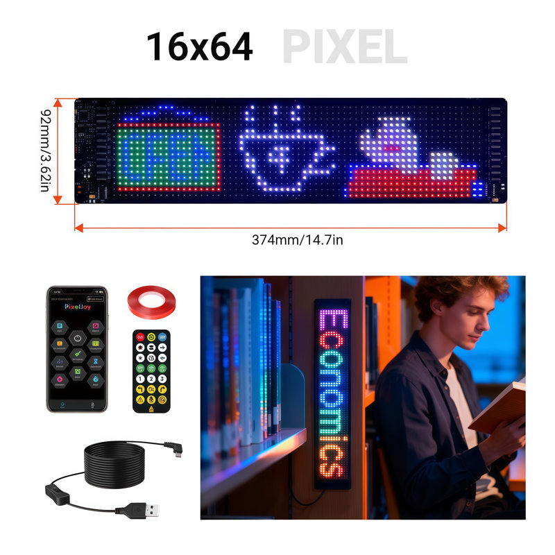 Panneau DEL flexible à pixels, écran matriciel DEL RVB 16x64 avec application Pixeljoy et télécommande 21 touches, pas de 4 mm, 512 DEL FPC, programmable, USB 5V, idéal pour la décoration de voiture, la personnalisation de texte et les décorations de fête.