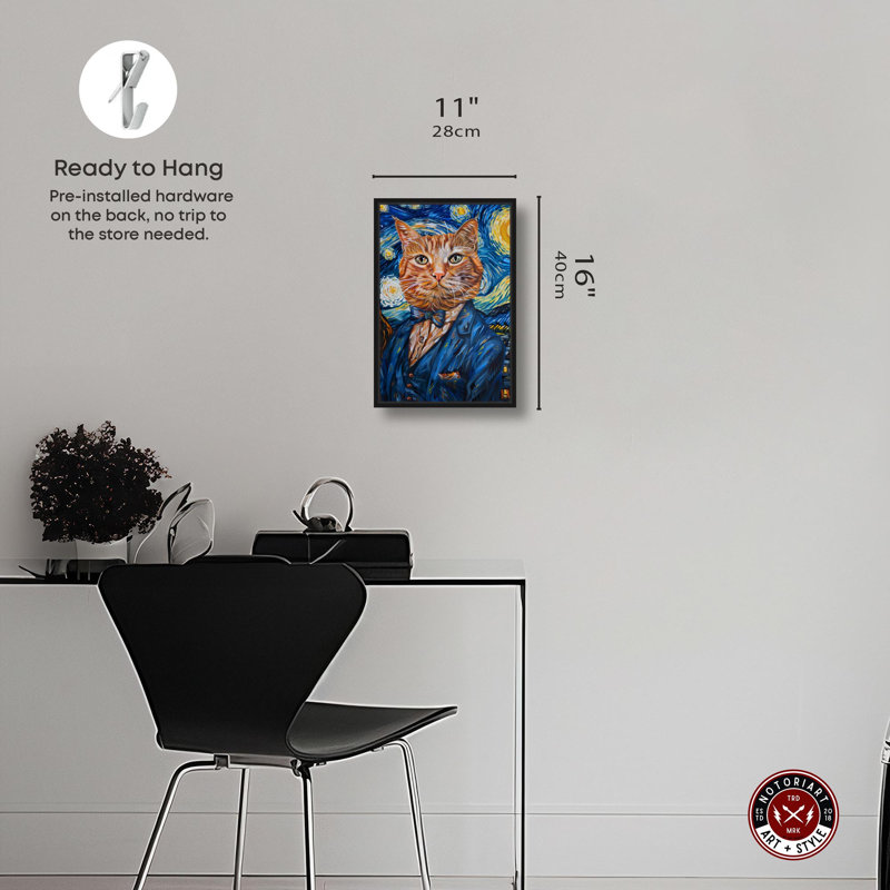 «Starry Night Van Gogh Cat», impressions sur toile de chat excentrique par Notoriart, Cadre noir, H 16 po x l 11 po