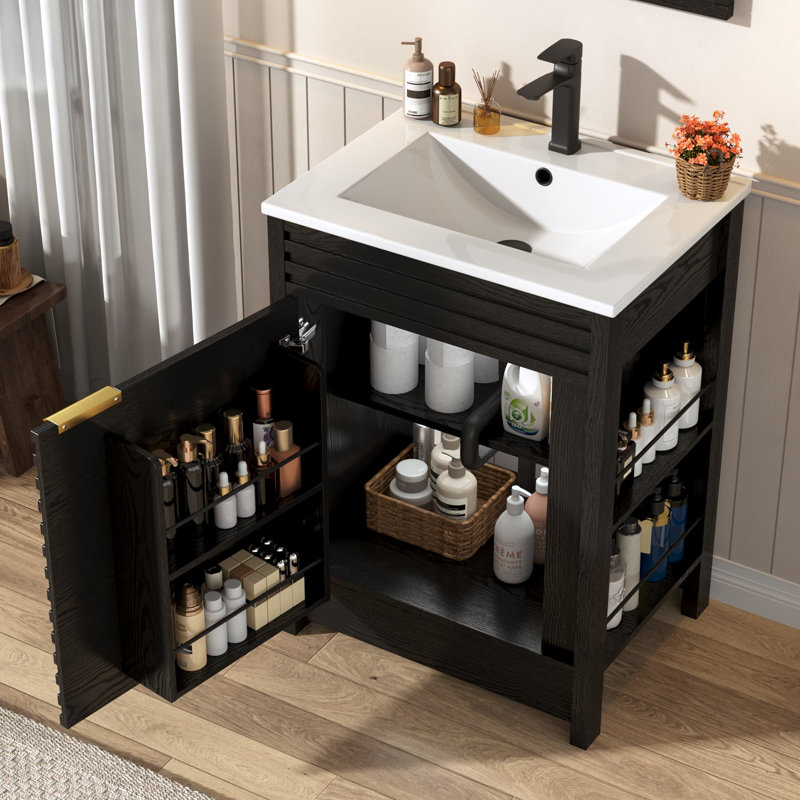 Meuble-lavabo de salle de bain avec lavabo, robinet, tablettes de porte et tablettes latérales ouvertes, Chêne, 24"