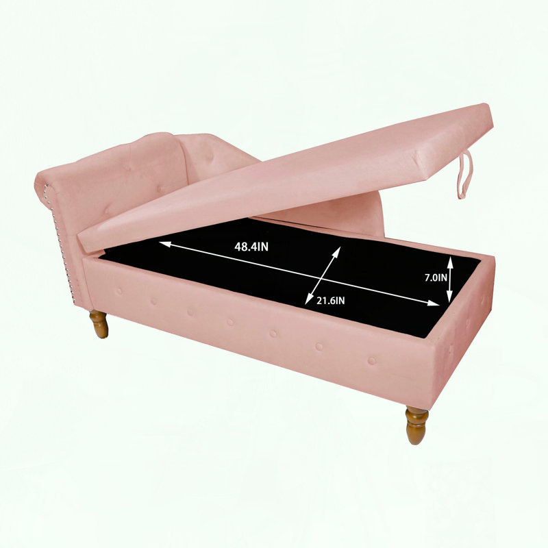 Velvet Chaise Lounge with Storage, Pillow, and Nailhead Trim, Pink