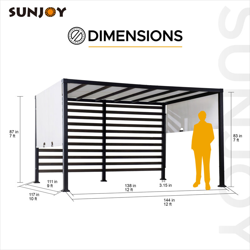 Sunjoy Outdoor Pergola 10 x 12 ft. Steel Pergolas with White Adjustable Shade and Privacy Screen for Backyard