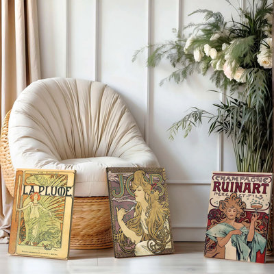 Ensemble de 3 affiches encadrées, reproductions sur toile Art nouveau d'Alphonse Mucha : La Plume, Cigarettes Job, Champagne. Affiches vintage Ruinart pour la décoration murale du salon, de la chambre ou du bureau. Reproductions giclées de haute qualité.
