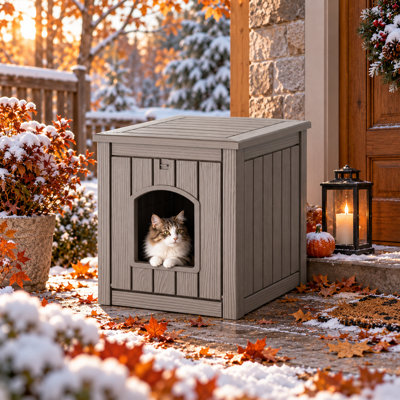 Maison pour chat en résine étanche de 54,5 cm de hauteur, avec bac à litière intégré pour usage intérieur et extérieur.