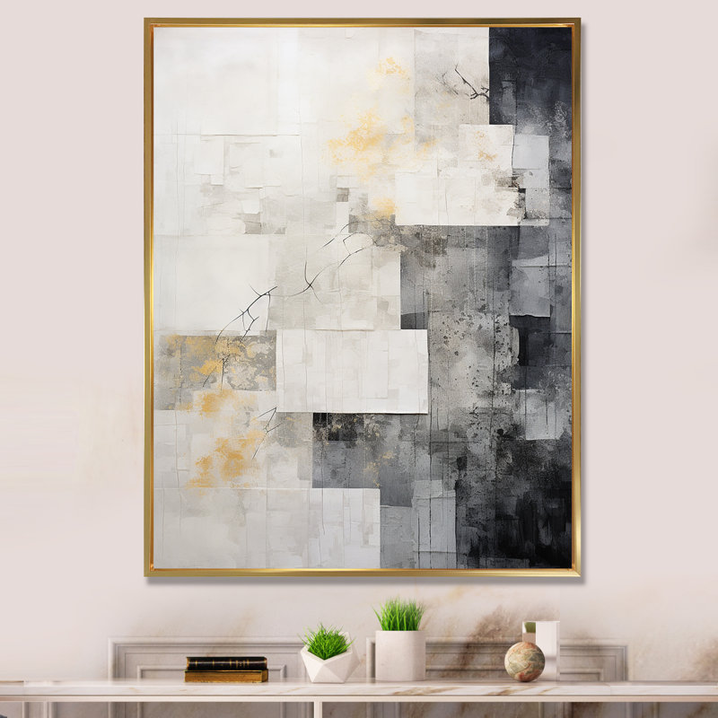 Tuile abstraite grise grise I - art mural abstrait, H 32 po x l 16 po x P 1 po, Cadre flottant doré