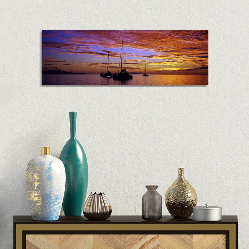 Sailboats In The Sea, Tahiti, French Polynesia - Wrapped Canvas Panoramic Print, 30.48 cm H x 91.44 cm W x 1.91 cm D