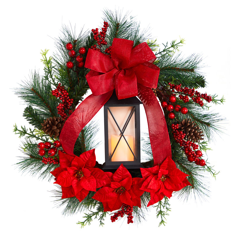 28 " Pre-Lit Berry and Poinsettia Wreath