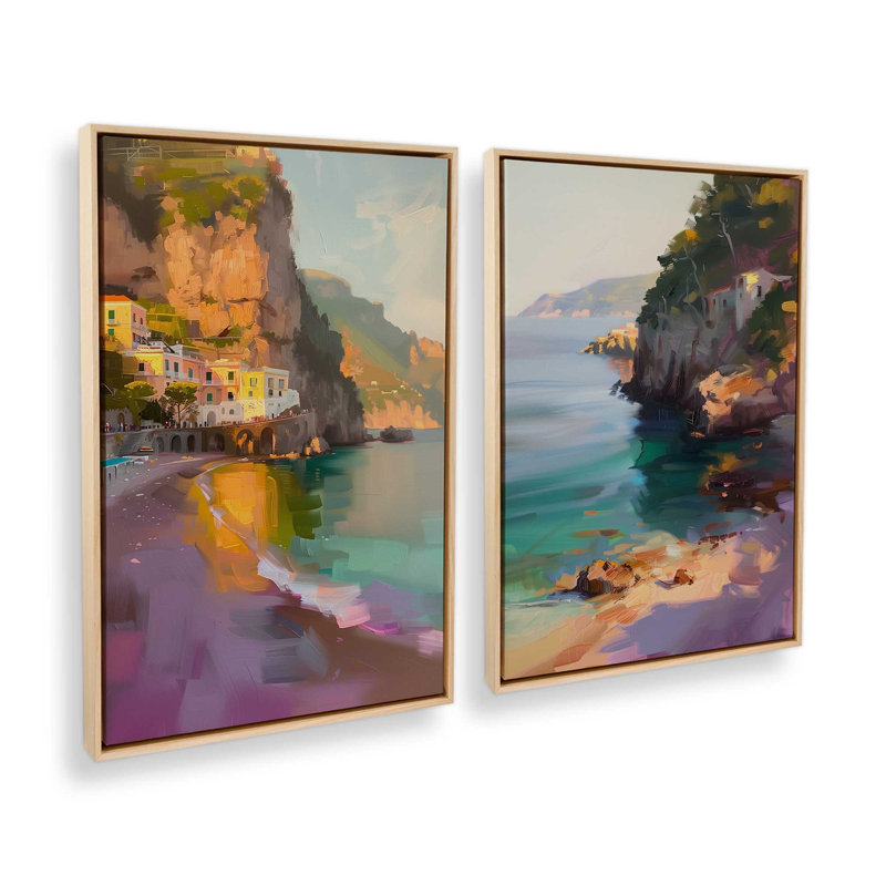 Ensemble de 2 impressions Amalfi Sunset Glow, 48 po x 32 po, Cadre américain en érable flottant