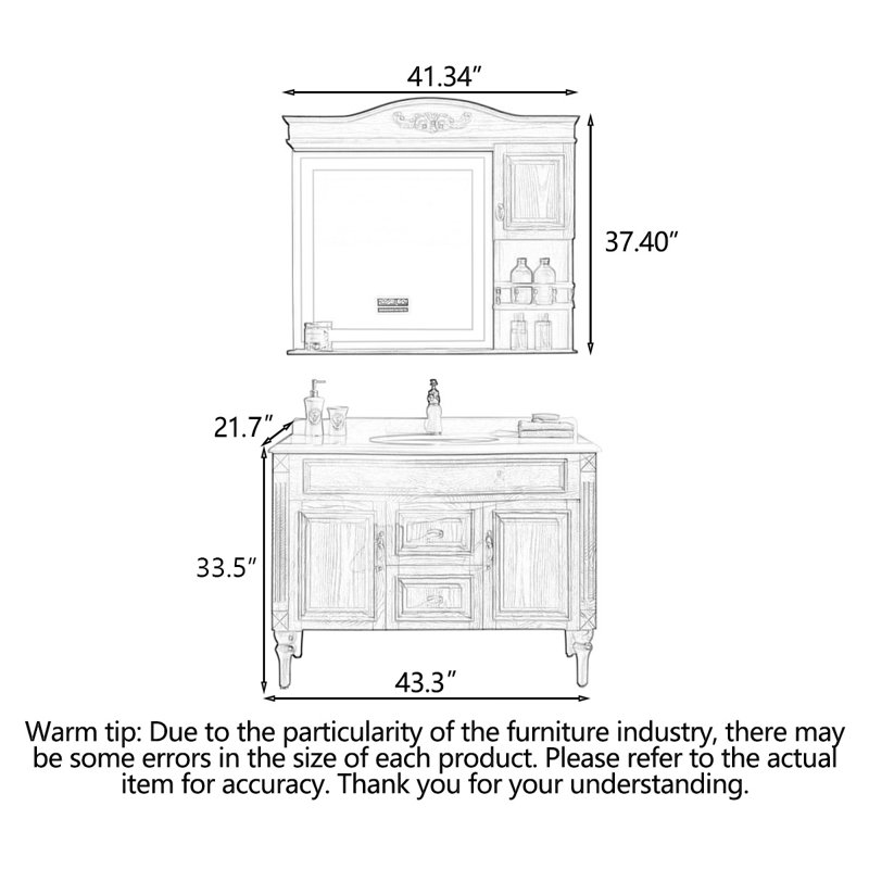 Meuble-lavabo en chêne de style européen avec lavabo en céramique pour salle de bain, 43"