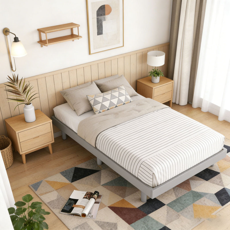 Base de lit plateforme moderne flottante, Gris, Lit simple