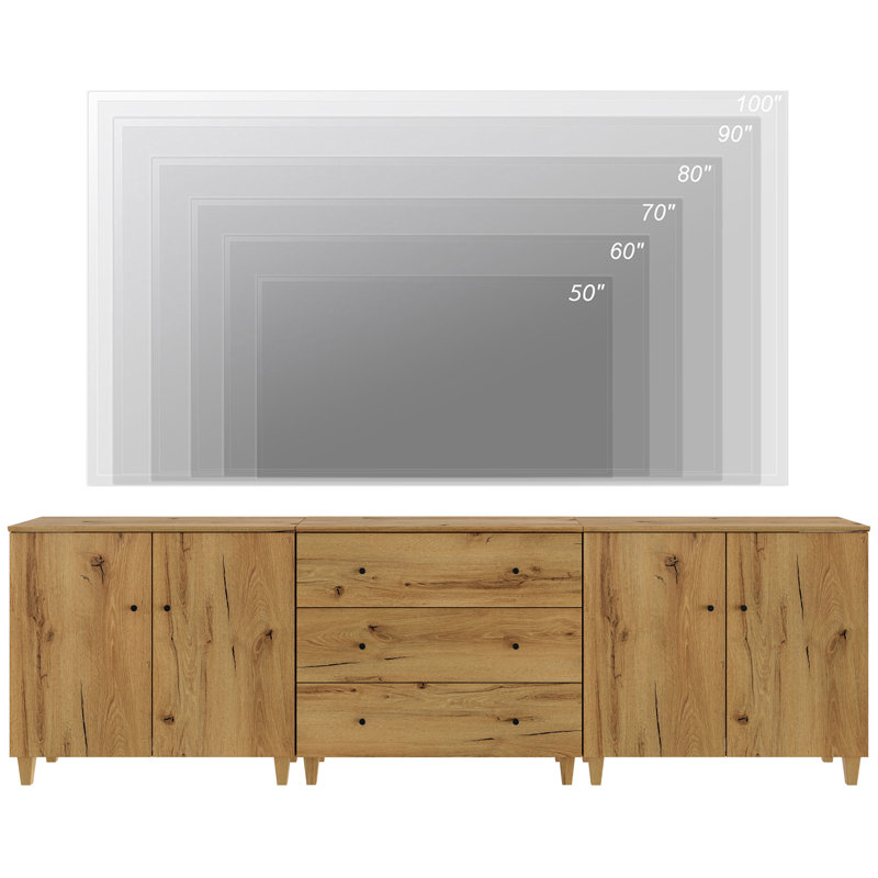 3-In-1 Wooden TV Stand With Cabinets And Drawers For Tvs Up To 100+ Inches, 106", Oak Wood