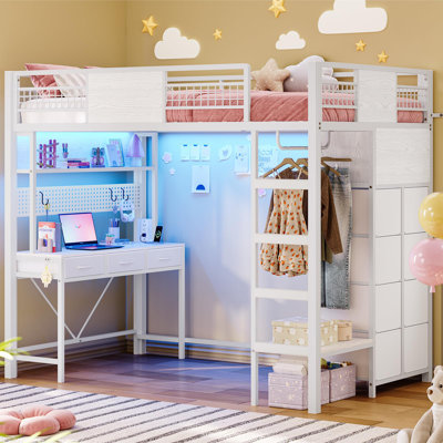 Loft Bed Twin Size With Desk And 11 Storage Drawers, Metal Loft With Rgb Lights, Charging Station by Mason & Marbles
