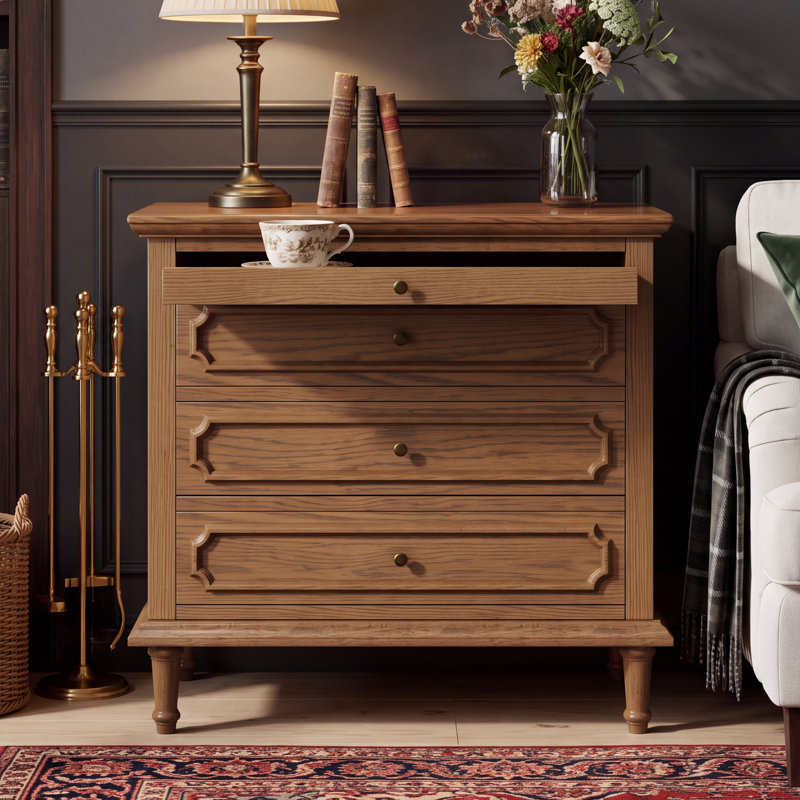 Vintage 28.3''W 3-Drawer Solid Wood Nightstand with Built-in Outlets and Pull-out Shelf, Fully Assembled, Brown