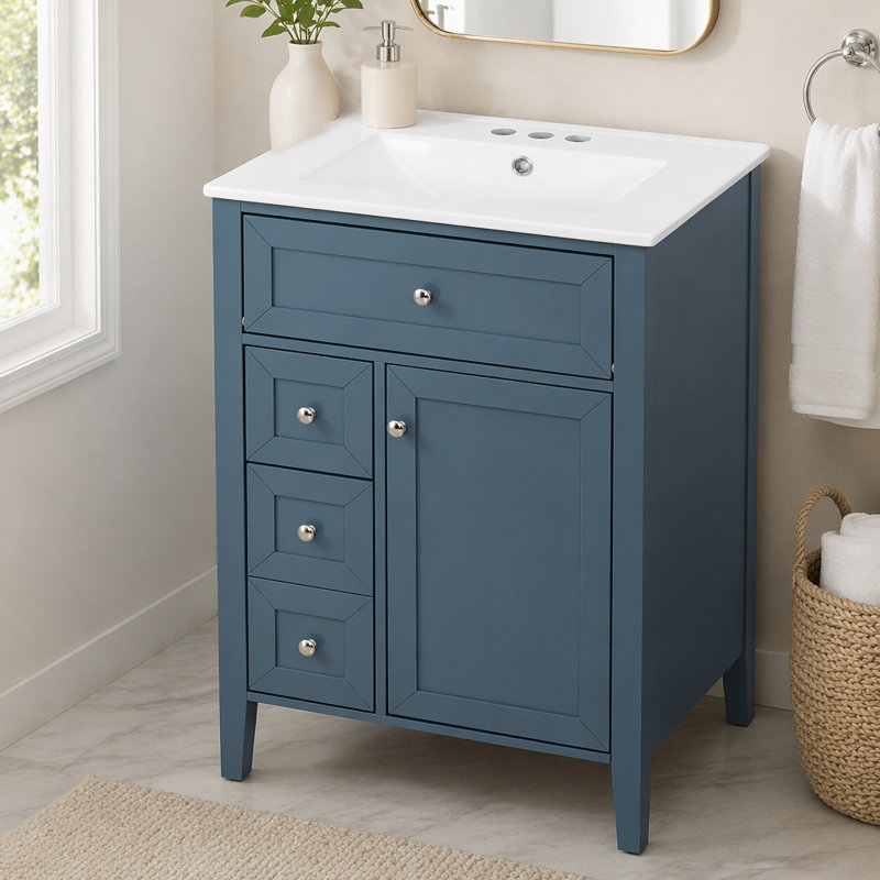 Meuble-lavabo 24 po avec lavabo, lavabo en céramique, armoire de salle de bain avec 1 tiroir coulissant et 2 tiroirs de rangement coulissants