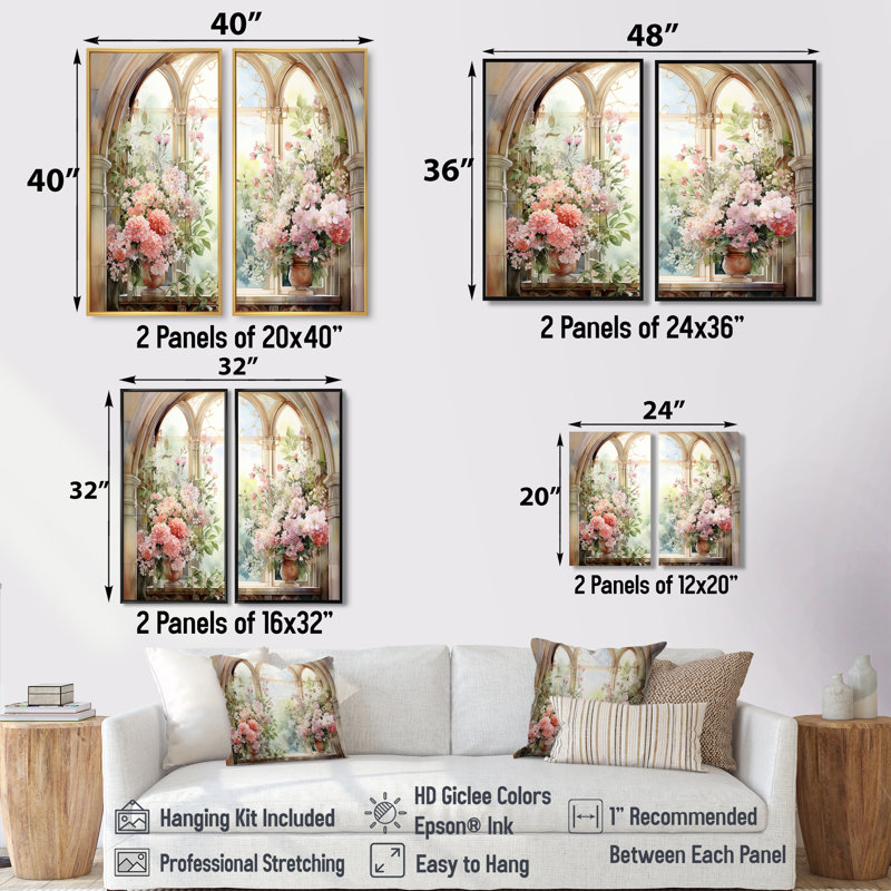 «Pink Blossoming Country Window Gaze V», art mural 2 pièces, 32" H x 32" W, Impression encadrée flottante, Cream
