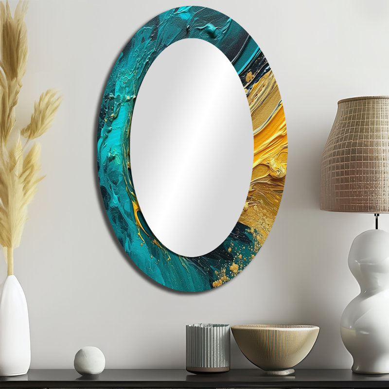 Coucher de soleil doré sur fond bleu sarcelle abstrait I - miroir mural ovale moderne doré, 36 po x 24 po