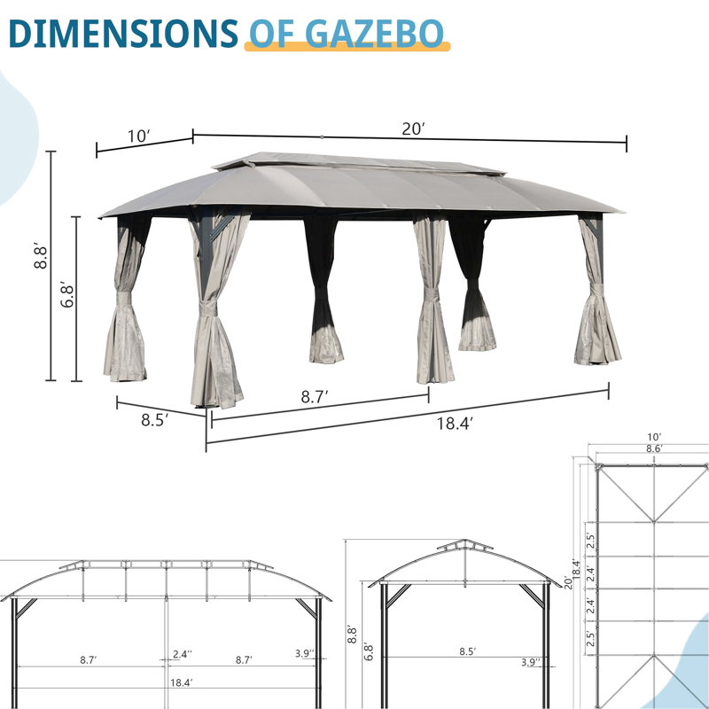 Pavillon de jardin gris 10 pi x 20 pi - tissu, double toit ventilé, filet amovible, extérieur pour terrasse spacieuse de 10 pi x 20 pi, conception de toit, imperméable