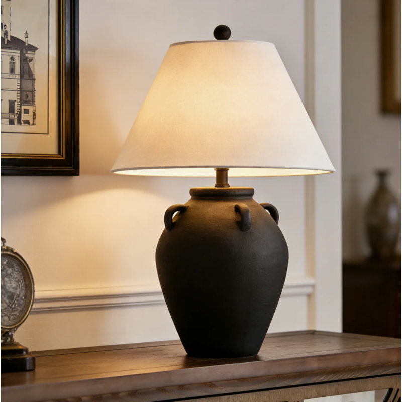 Lampe de table rustique en céramique de 25 pouces à trois poignées avec éclairage à intensité variable en lin blanc pour table de chevet, table de chevet, salon, table d'appoint et éclairage ambiant
