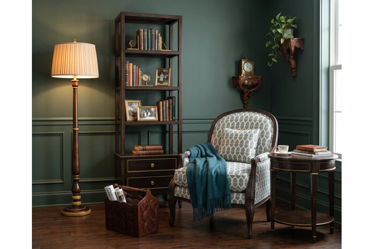 dark cottagecore living room with dark green walls, a dark wood bookshelf, and a blue patterned armchair