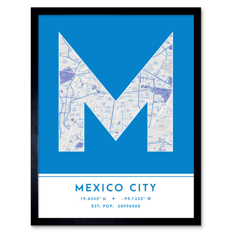 Mexico City City Map Mexico City Blue by Wee Blue Coo - Single Picture Frame Typography