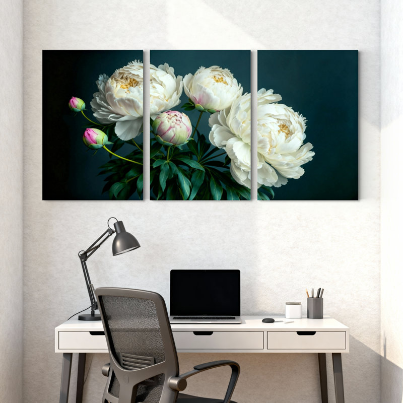 Pivoine blanche pivoines avec bourgeons roses sur fond foncé, ensemble de 3 impressions d'art sur toile, H 18 po x l 36 po