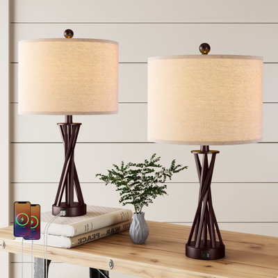 Lampe de table de chevet 24 po moderne en métal pour chambre / salon avec abat-jour tambour en lin blanc et port USB