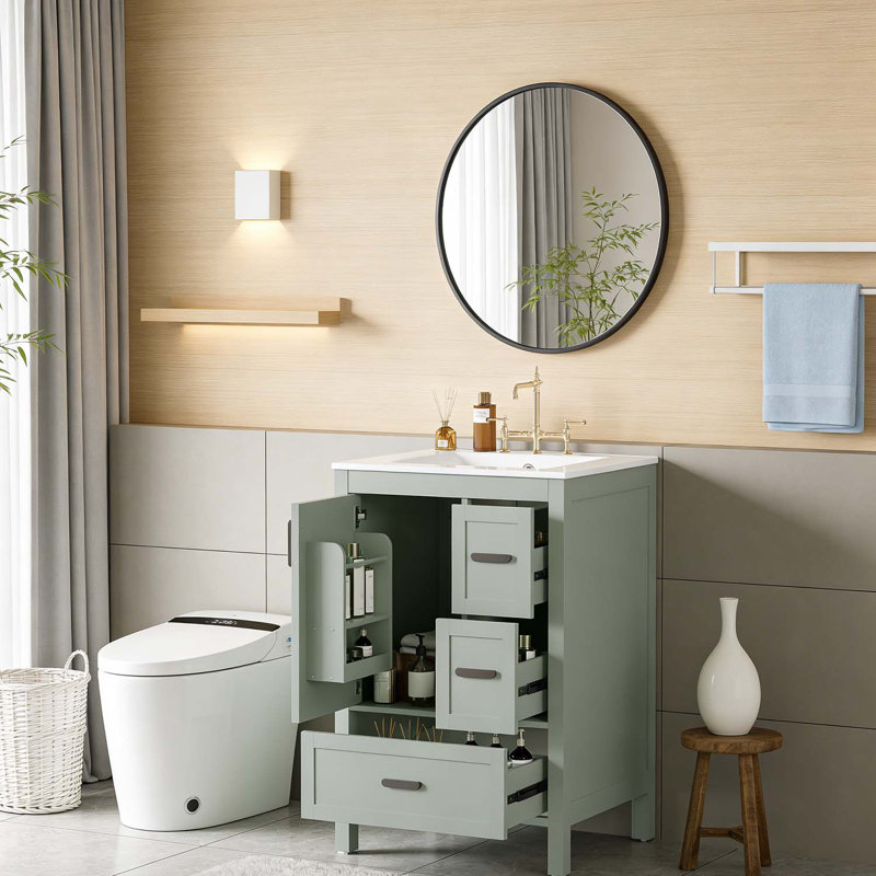 Meuble-lavabo moderne avec lavabo en céramique, grand espace de rangement pour les petits espaces, Vert