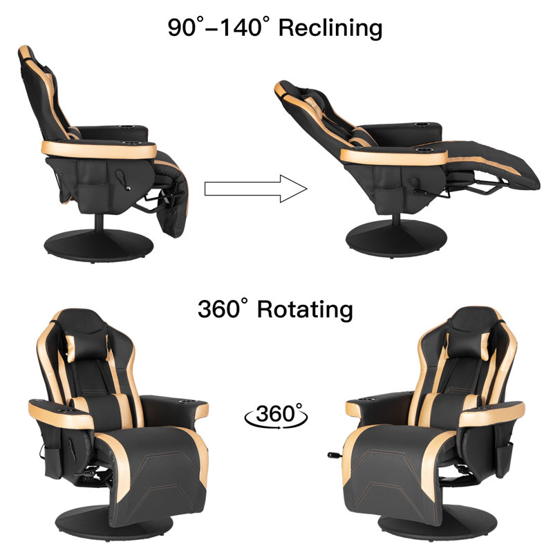 Inbox Zero Adjustable Reclining Ergonomic Swiveling PC & Racing Game Chair with Built-in Speakers and Footrest, Gold