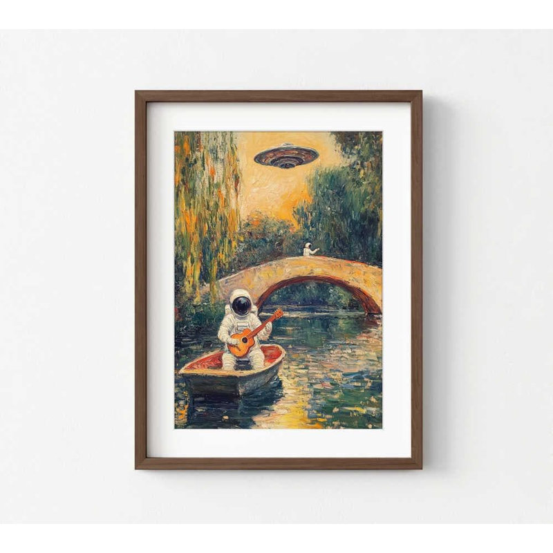 «Ballad to the River», reproduction d'art: astronaute, bateau, scène de pont, H 24 po x l 18 po, Framed Print with Mat, Brun