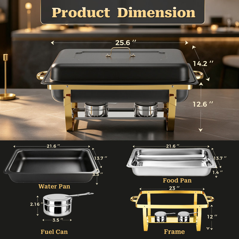 Chafing dish carré de luxe noir et or 9 QT – Chauffe-plats en acier inoxydable avec support plaqué or, idéal pour les mariages, les hôtels, les traiteurs et les événements extérieurs, ensemble de 4