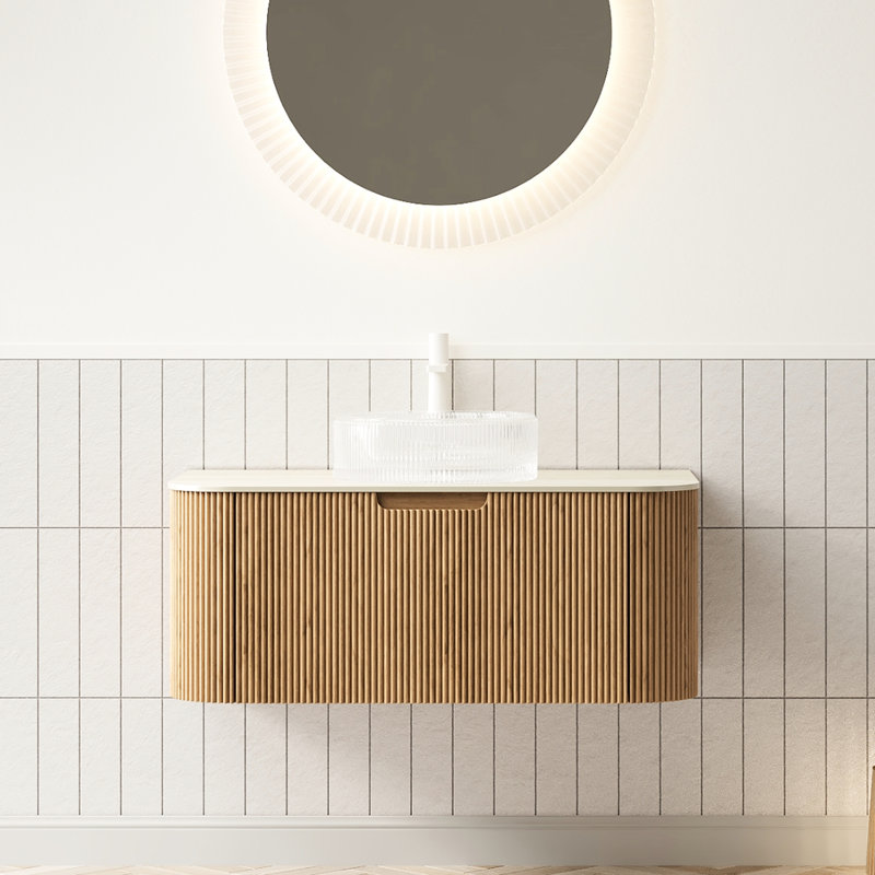 Meuble-lavabo moderne avec lavabo rond en verre transparent de 36 po, dessus en pierre frittée à motif, armoire en bois naturel à rayures 3D, grand rangement, tiroir à fermeture en douceur, meuble-lavabo pré-assemblé, comptoir,