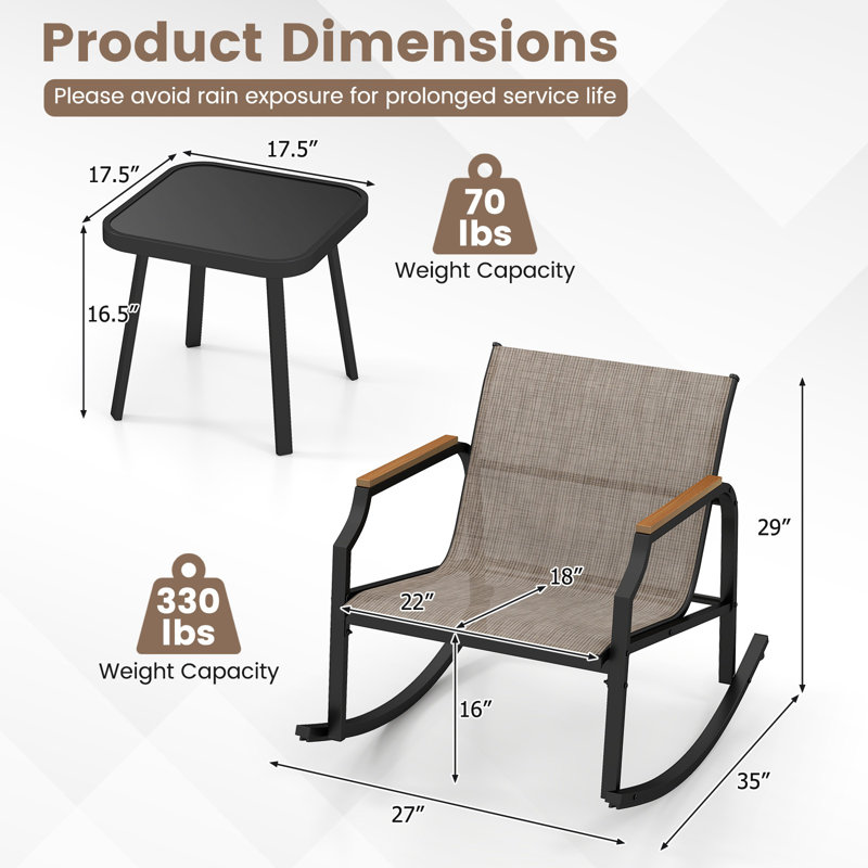 Ensemble de conversation bistro en bois 3 pièces avec chaises berçantes