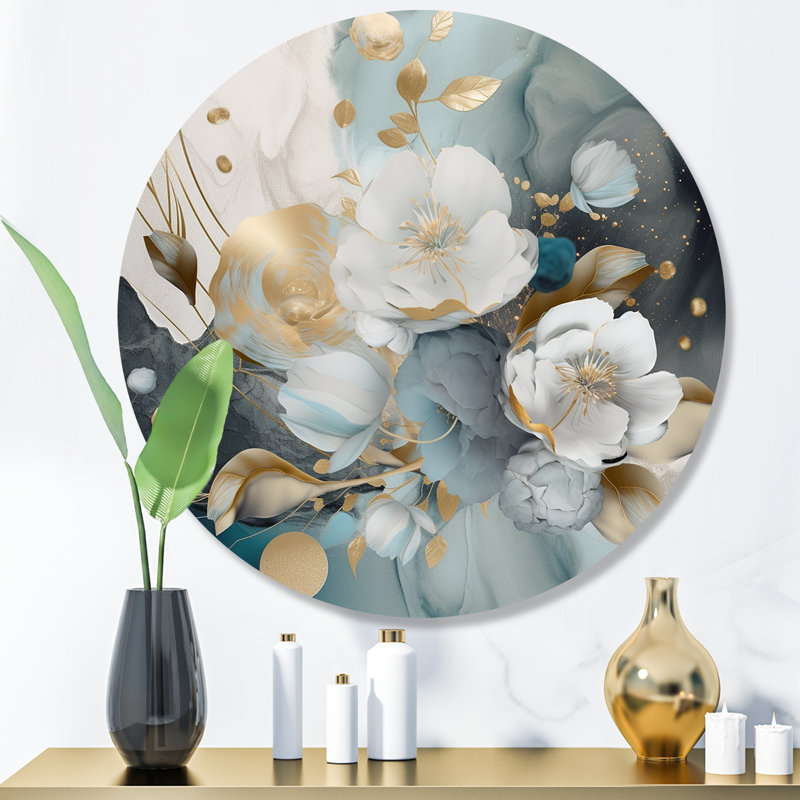Manthei - Impressions florales marbrées bleues et dorées II, H 16 po x l 16 po x P 1 po