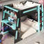 Lit simple superposé en bois avec bureau, deux tablettes de rangement, charge USB et lumière DEL, noir et bleu-668938376-668938388