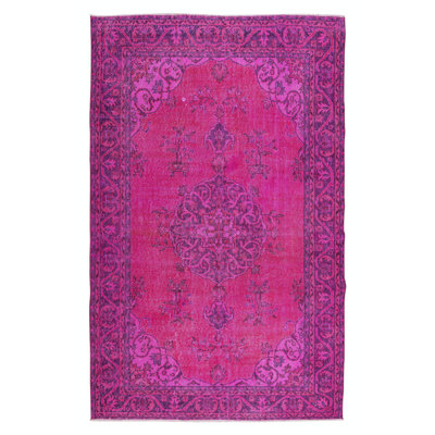 6x9.8 Ft Handmade Medallion Design Turkish Area Rug in Fuchsia Pink for Contemporary Interiors
