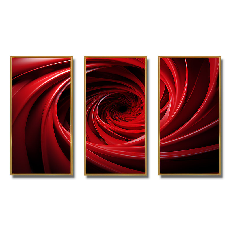 «Red and Black Abstract Spiral Dreamscape» - Art mural spirales abstraites, Cadre flottant doré, H 28 po x l 36 po x P 1 po