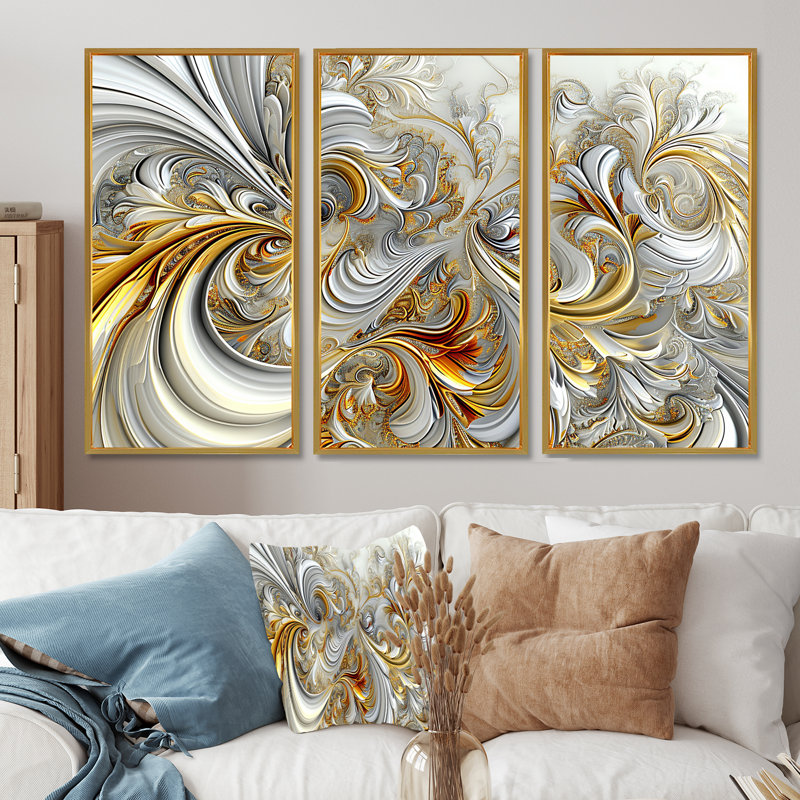 Ensemble de salon Whirling River Dynamics Gold and White I - Abstract Spirals, Cadre flottant doré