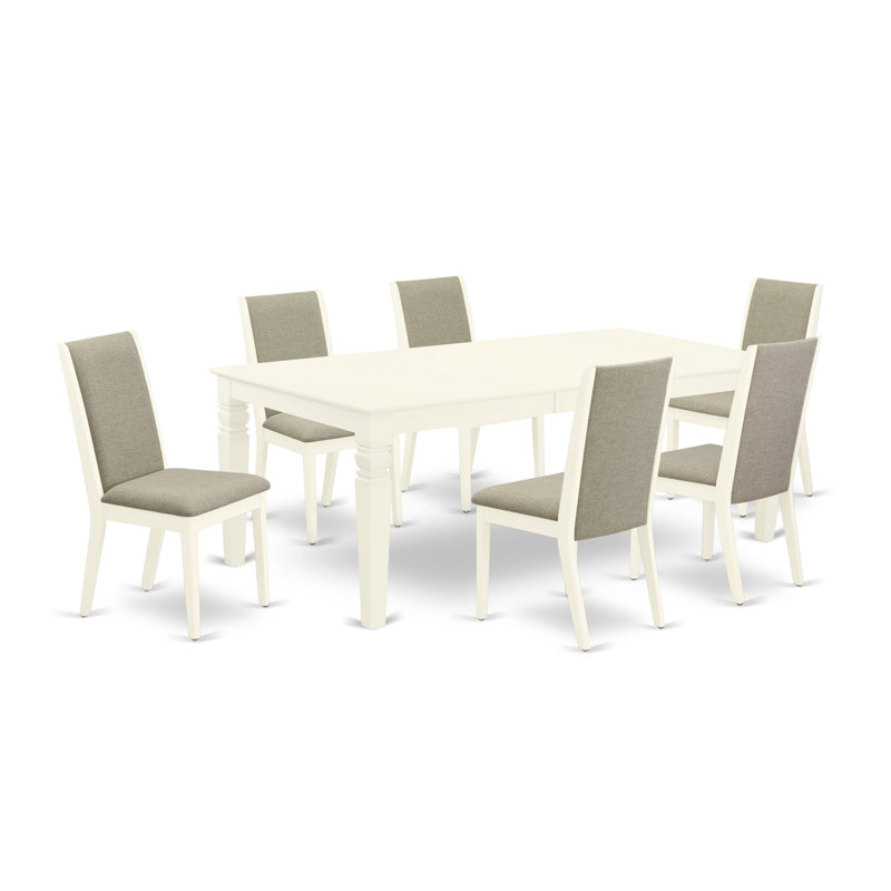 7 Piece Dinette Set Consist of a Rectangle Dining Table with Butterfly Leaf and 6 Shitake Linen Fabric Parson Dining Room Chairs, Linen White