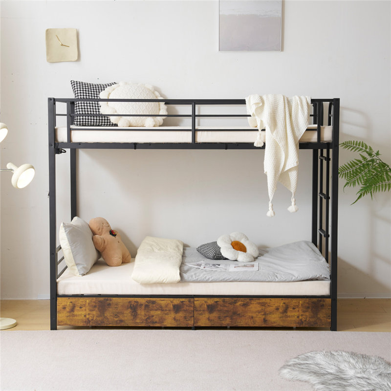 Metal Bunk Bed Frame Twin Over Twin With 2 Drawers, LED Lights, Non-Slip Ladder, Full Length Guardrail, Charging Station, For Kids, Teens & Adults