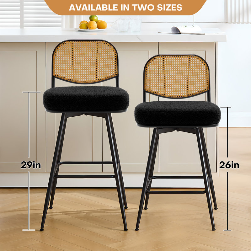 Upholstered Swivel Counter Stool With Rattan Backrest, Black, Bar Stool (29” Seat Height)