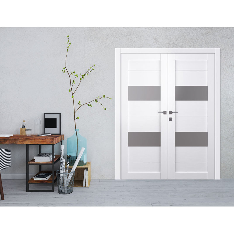 Bianco Noble Frosted Glass and Pine Composite Double French Door