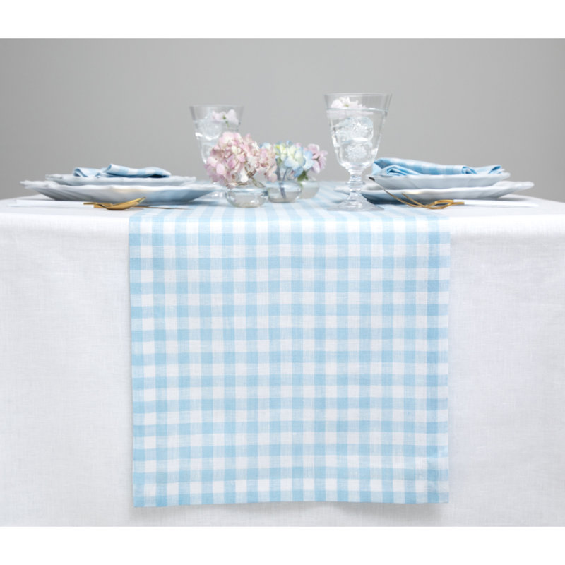 Gingham Checks - 100% Pure Linen Table Runner, 90" x 14", Blue Bell
