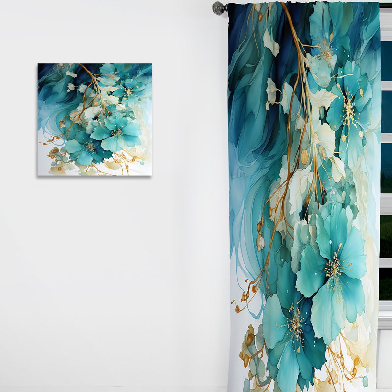 Teal Gold Abstract Fractal Mystic Mirage I - Fractals Blackout Abstract Curtain - 1 Panel, 52" W x 63" L
