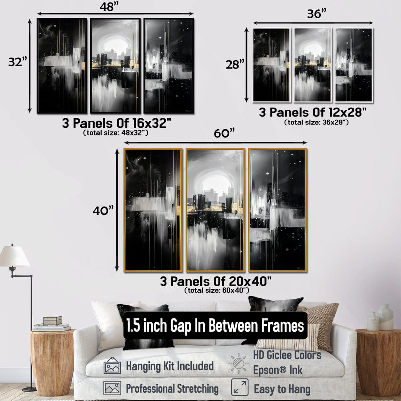 «Geometric Night New York Cityscape», ensemble de reproductions d'art mural, H 28 po x l 36 po, Noir
