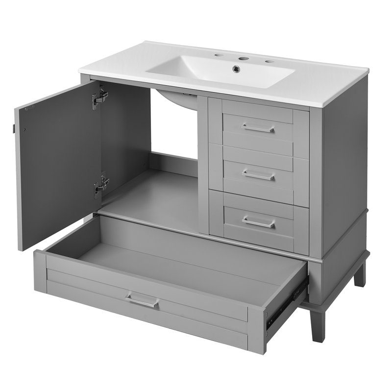 Meuble-lavabo simple avec plateau en céramique Shalimar, armoire de rangement moderne avec porte à fermeture douce et structure en bois massif, style autoportant