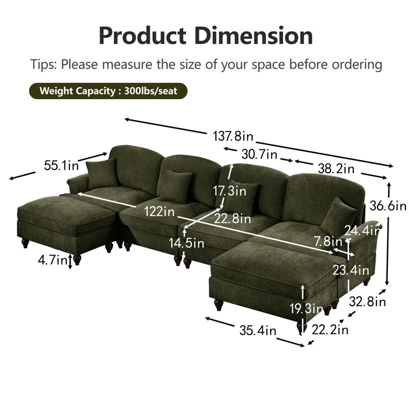 Eyvan Mid Century Three Seater Modular U Shaped Sectional Couch With Removable Ruffles Pleats Skirts, Comfy Chenille 4-Seat Deep Seat Sofa With Movable Ottoman