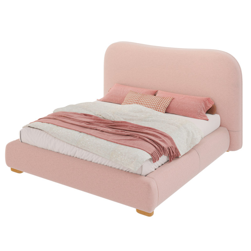 Modern Upholstered Platform Bed with Curved Headboard and Rounded Footboard, Full, Pink