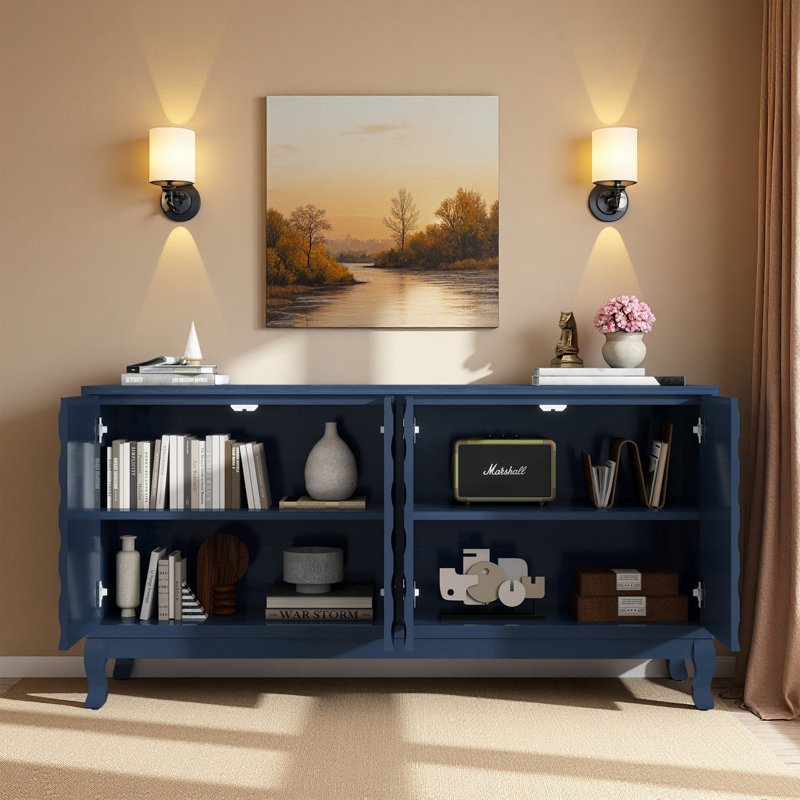 Elegant Navy Blue Sideboard Featuring Sophisticated Wavy Pattern Doors With Arched Groove Design In A Stylish Four-Door Layout,Adjustable, Suitable For Study, Entryway And Living Room