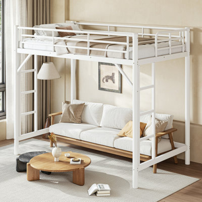 Lit mezzanine simple en métal de taille XL, lit mezzanine avec échelle facile à monter et garde-corps, blanc